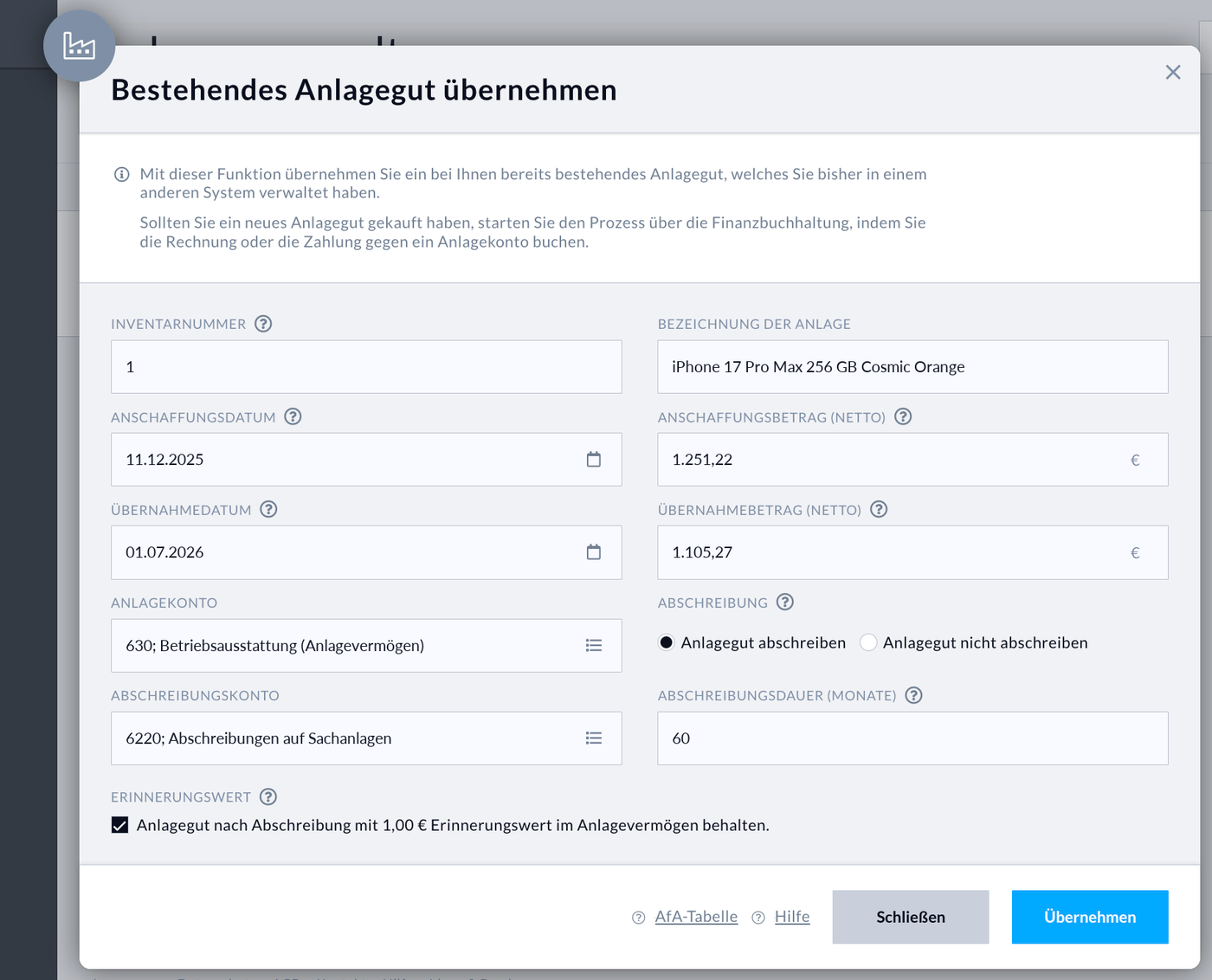 BuchhaltungsButler Maske „Bestehendes Anlagegut übernehmen“, ausgefüllt mit dem Beispiel iPhone 17 Pro Max, Übernahmebetrag 1.105,27 €